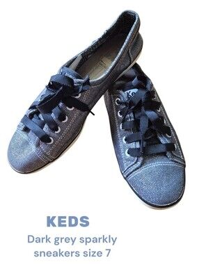 Keds Women's Gray Sparkly Canvas Sneakers with Black Ribbon Laces 7